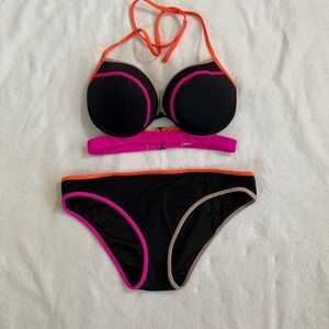 Victoria’s Secret Neon Banded Hottie Halter Swim Set bikini Large 36D adjustable